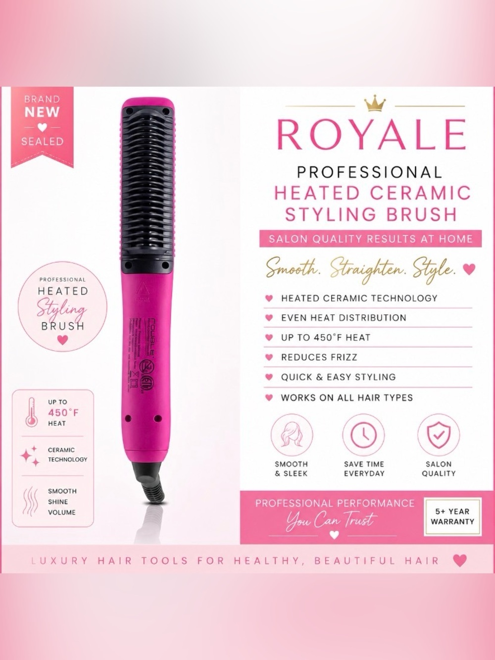 Royale Professional Heated Ceramic Hair Straightening Brush | Pink | New Sealed